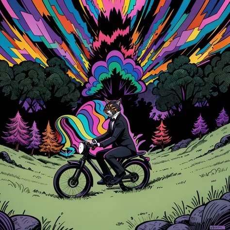 Cats and dogs wearing black suits and ties riding on bikes going up a hill. Psychedelics A cool vector design in the Creative design style bright and vibrant colors, appropriate to the scene, dynamic design, stickers, strong lines, White background transpa...