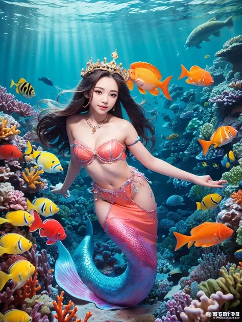 1 innocent and cute little girl，18 years old，In a sea of colors，Abundant and diverse marine life，colorful coral，There are a lot of tropical fish around her，（Dress up as a mermaid princess），4 fingers and 1 thumb，ornate crown，looking at viewert，long and flow...