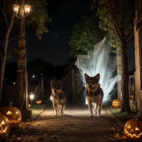 In the twilight of an October night, The sky was tinged with a reddish-orange hue as the full moon rose, casting its silver light over a yard adorned with carved pumpkins and garlands of faux cobwebs. Uma brisa suave soprava as folhas secas pelas ruas dese...