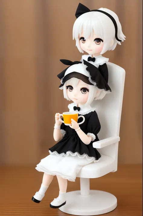 Chibi 3d Blind box girl with pale skin and white hair. She wears a black fluffy Lolita dress and is sitting on a chair with tea in her hands