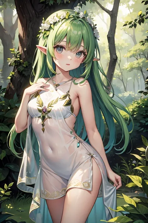 Young dryad in the middle of the skinny forest in transparent dress