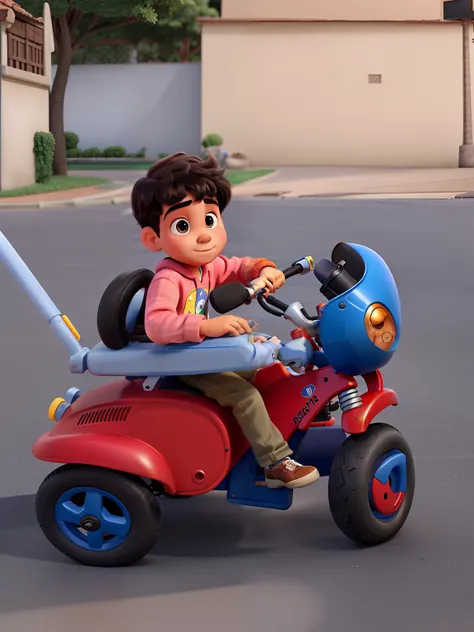 Menino de 1 ano , no triciclo Estilo pixar, qualidade alta,