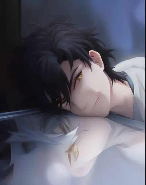 anime boy laying on the ground with his head on a sword, anime wallaper, l · lawliet, anime handsome man, kaworu nagisa, inspired by Okumura Masanobu, anime boy, makoto kobayashi, inspired by Yamagata Hiro, inspired by Okumura Togyu, profile shot, yu - no,...