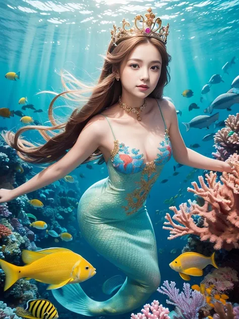 1 innocent and cute little girl，15 years old，no oceano，Abundant and diverse marine life，colorful coral，There are a lot of tropical fish around her，（Dress up as a mermaid），ornate crown，looking at viewert，long and flowing hair，long eyelasher，二重まぶた