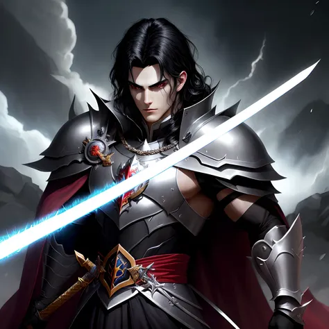 Dark evil prince, metal, strong, tall, dominant, handsome, black hair, sword, magic