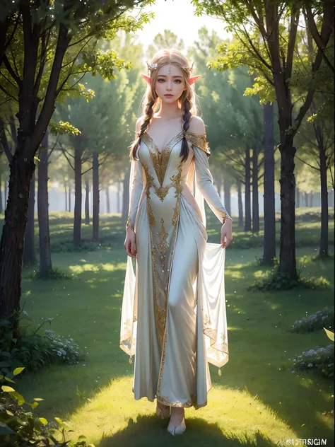 Graceful elven girl standing in meadow, Delicate face illuminated by the soft light of the setting sun. Her long, Flowing hair runs down your back, Decorated with intricate braids、Adorned with sparkling gemstones. This great photo is、、、It captures the ethe...