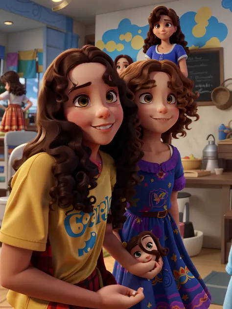 Duas meninas de 8 anos, a brunette and shoulder-length curly hair, a outra menina com cabelo encaracolado loiro, estilo pixar Disney alta qualidade,