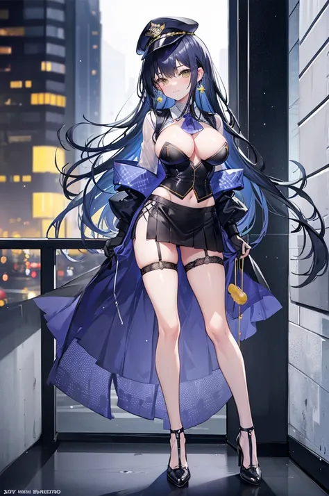 1 girl, dark blue hair, messy hair, long hair, light yellow eyes, small eyes, mature face, dropping eyes, big breasts, cameltoe, blurry background, erect nipples, blush, smile, earrings, ((pubic hair)), skirt lift, light smile, black high heel, tall statue...