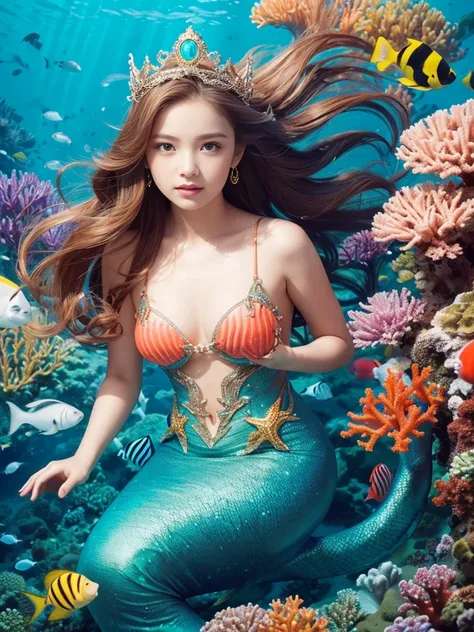 1 innocent and cute little girl，13 years old，In the midst of a sea of colors，Abundant and diverse marine life，colorful coral，There are a lot of tropical fish around her，（Dress up as a mermaid），ornate crown，looking at viewert，long and flowing hair，long eyel...