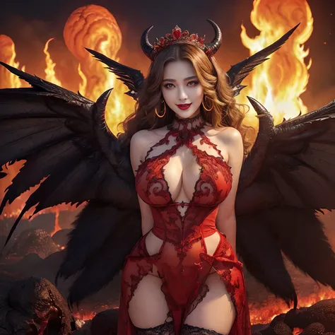 ((A very beautiful demon queen,Luxurious long dresses,Giant Devil Tiara,Big Princess Dresses,Final form as a complete demon,The Devils Masterpiece,Horrible giant wings,Huge and intricate demon wings,Big Devils Horn,Realistic and big horns,Creepy horns,Wing...