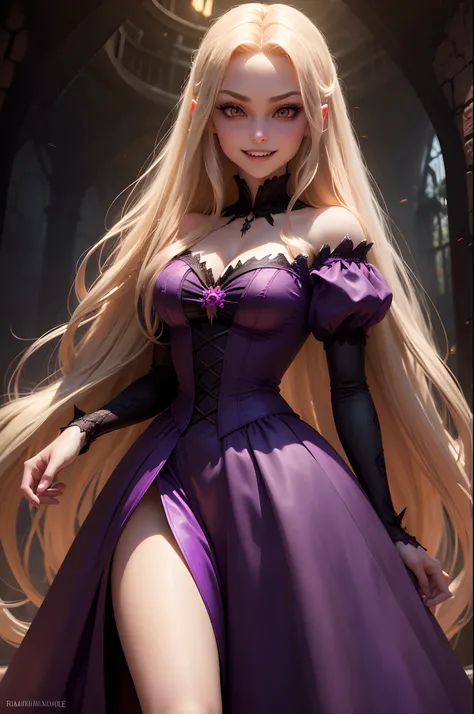 A vampire Rapunzel (very evil looks) of ‎Tangled (very evil looks), Rapunzel  the Disney princess from Tangled animated movie 2010, creepy and beautiful vampire Rapunzel, big chest, bloody teeth of a vampire,  beautiful looks, and pale skin of a vampire, e...