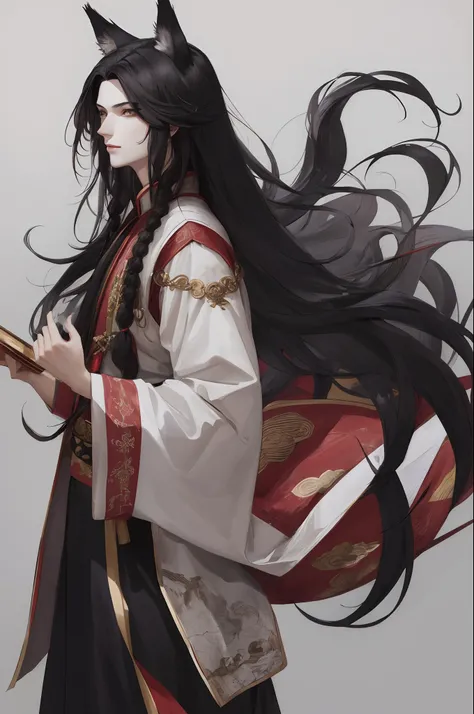 Man with long black silky hair and wolf ears. He has grey eyes and red markings on his body. He wears ancient Chinese clothing. He is androgynous and calm