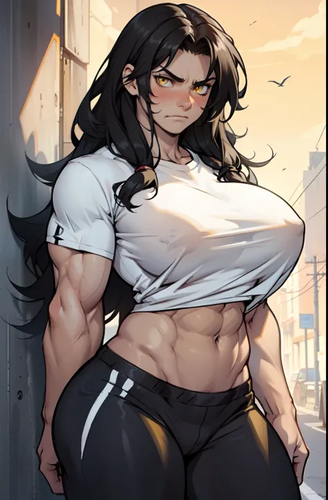 ((1 girl)), extremely long hair, solo, ((muscular)), veins, black hair, yellow eyes, blushing, pale skin, strong, veins, abs, (huge breasts), navel, standing, frowning, tight shirt