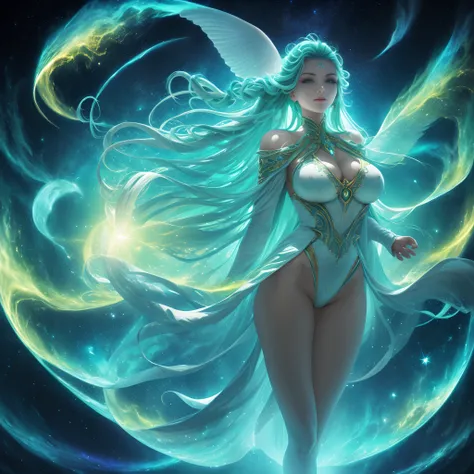 Envision an expansive astral plane, aglow with the soft luminescence of starry greens and yellows, endlessly soaring upward. Central to this celestial scape is a woman of grandeur, with a luminous white body, exuding a sense of profound power and allure. B...