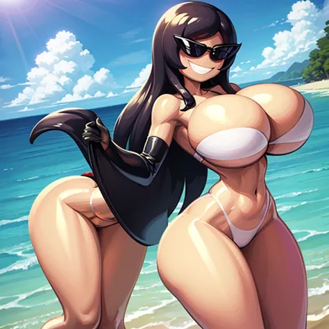 sunnymiamitf, huge breasts, narrow waist, wide hips, sunglasses, teeth