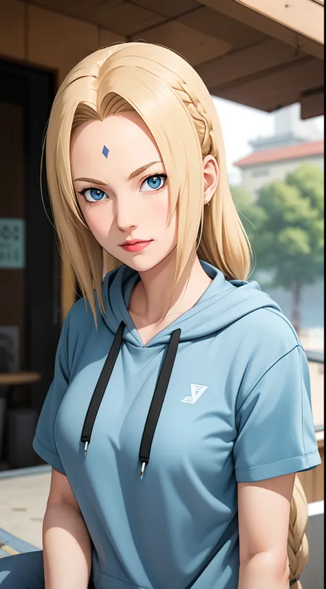 masterpiece, best quality, ultra-detailed, 1girl, upper body, 
long hair, blonde hair, french braid, blue eyes, blunt bangs, 
Wearing Streetwear Hoodie, stylish,
medium breast, cool attitude 
looking at viewer, Tsunade (shippuden)