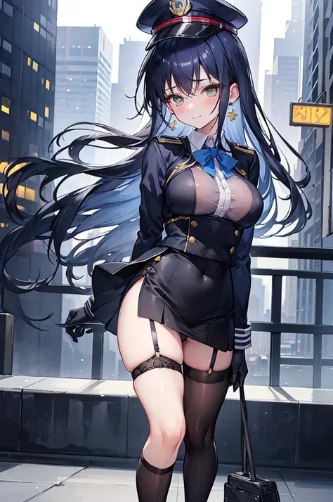 1 girl, dark blue hair, messy hair, long hair, light yellow eyes, small eyes, mature face, dropping eyes, big breasts, cameltoe, blurry background, erect nipples, blush, smile, earrings, ((pubic hair)), skirt lift, light smile, black high heel, tall statue...