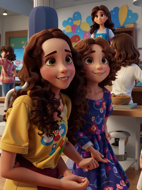 Duas meninas de 8 anos, a brunette and shoulder-length curly hair, a outra menina com cabelo encaracolado loiro, estilo pixar Disney alta qualidade,