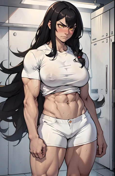 ((1 girl)), extremely long hair, solo, ((muscular)), veins, black hair, yellow eyes, blushing, pale skin, strong, veins, abs, (huge breasts), navel, standing, frowning, tight shirt