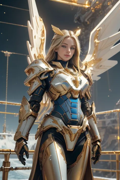 Photorealistic image ((Masterpiece)), ((high quality)) UHD 8K, of a beautiful goddess, Realistic slim, (medium chest), (thin waist), (long blonde hair), (blue eyes), ((Hyper-realistic mecha armor, with golden metal and intricate golden ice lights), ((large...