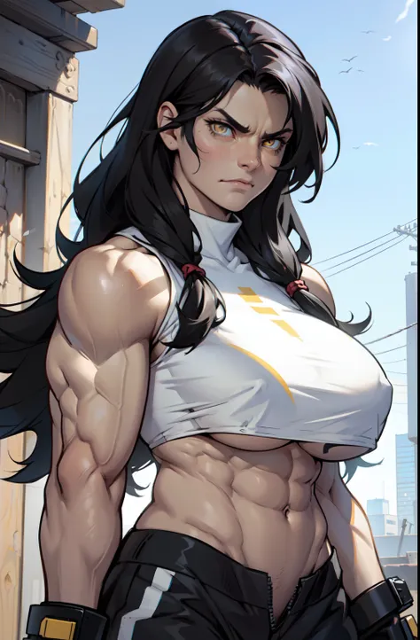 ((1 girl)), extremely long hair, solo, ((muscular)), veins, black hair, yellow eyes, pale skin, strong, veins, abs, (huge breasts), navel, standing, frowning, close up