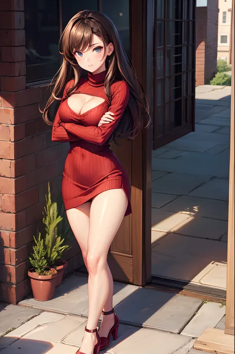 sksbrooke person, sksbrooke, (masterpiece:1.2), (best quality:1.2), perfect eyes, perfect face, 1girl, solo, brown eyes, (medium breasts), perky breasts, seductive look, red sexy virgin killer sweater dress, porch, arms crossed