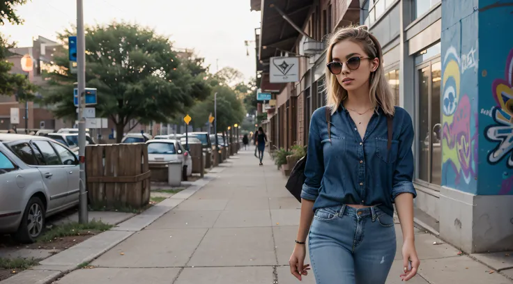 Generate an image of a Brazilian female student striding confidently through a bustling university campus. Shes tall and slender, with short, untamed platinum blonde hair that radiates a rebellious spirit. Her piercing light brown eyes convey determination...