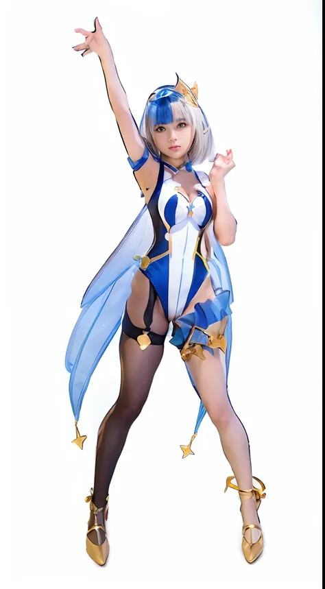 A woman in a white swimsuit with blue and gold accents with white hair with blue highlights, uma capa no formato de asas, Star Guardian Inspirado,  gesto de pose pudica sexy,