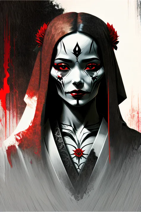 A beautiful female face in the "santa muerte" style in black and white with a little touch of red color. There is also Japanese inspiration in the features