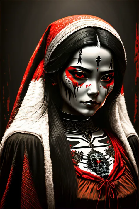 A beautiful female face in the "santa muerte" style in black and white with a little touch of red color. There is also Japanese inspiration in the features