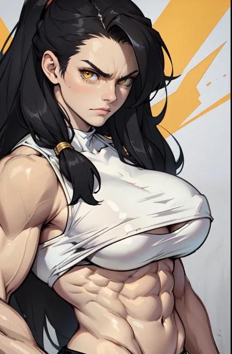 ((1 girl)), extremely long hair, solo, ((muscular)), veins, black hair, yellow eyes, pale skin, strong, veins, abs, (huge breasts), frowning, close up