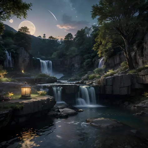 ake, arch, corner, rockerie, tree, flowing water, landscape, outdoors, waterfall, meadow, rock, stream, moon, night sky, night scene, hot spring, steam, magnificent composition, darkness, moonlight, high resolution detail, masterpiece, best quality, (high ...