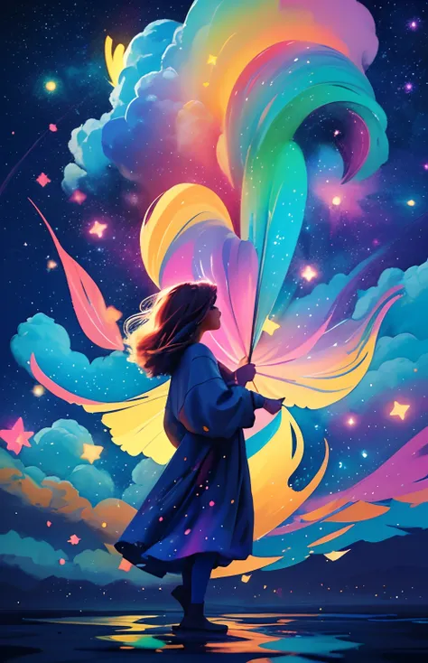 Girl standing in the clouds, stars floating around her, brilliant colors, amazing swirls of cosmic dust, colorful vibrant, light particles, water color painting, splash art,