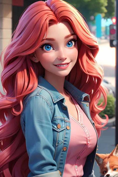 A Caucasian woman, with long red wavy hair, fox-like blue eyes, vibrant in a pink blouse and a denim jacket, she is smiling, with a cell phone in her hand. Best Quality, Super Detailed,4k