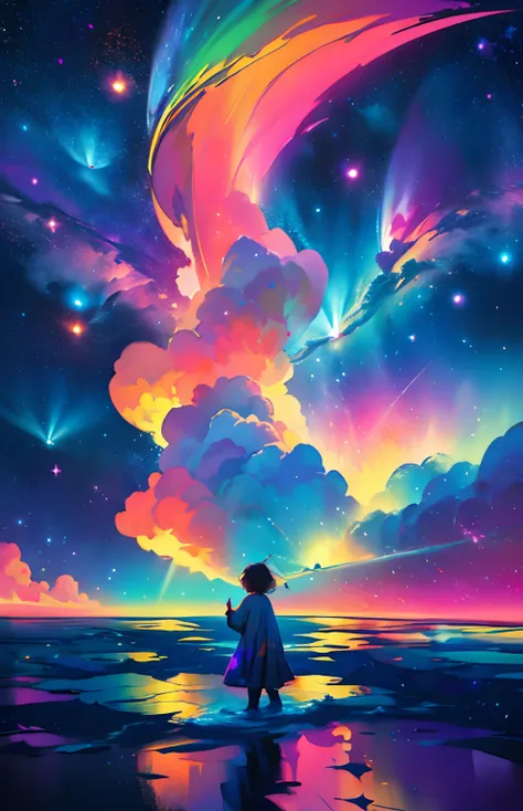 Girl standing in the clouds, stars floating around her, brilliant colors, amazing swirls of cosmic dust, colorful vibrant, light particles, water color painting, splash art,