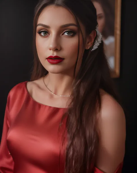 (Best quality, realistic: 0.5, in blouse), red lips, sexy, long hair, black eyes, happy, full body, detailed eyes and lips, bold expression, refined, strong lighting, ultra-fine painting, professional, erotic, sharp focus, vivid colors