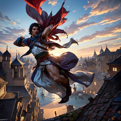 Create an epic scene of Ezio Auditore gracefully leaping across the rooftops of a Renaissance city at sunset, with his iconic white assassin robes billowing in the wind. Surround him with a group of armed guards, their weapons drawn, as he effortlessly wie...