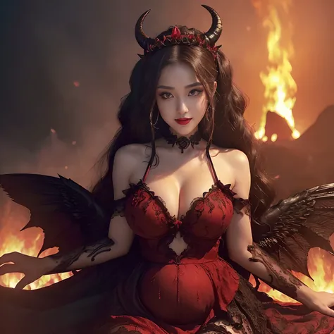 ((A very beautiful demon queen,Luxurious long dresses,Pregnancy,Twin-tailed,Wave Twin Tails,Young Face,very long twintails,Giant Devil Tiara,Big Princess Dresses,Final form as a complete demon,The Devils Masterpiece,Frightening giant wings,Huge and intrica...