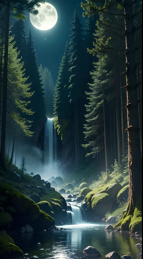 Ultra realistic 8k picture,green forest, bright beautiful night,full moon ,waterfall,