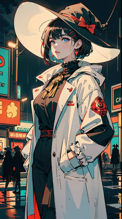 ((((frills,large black witch hat cover eyes，))))((hands in pockets,))(Masterpiece illustration,Beautiful and aesthetic:1.2,aim to viewers), Best quality,Top quality, Epic quality,((((rainy night in a cyberpunk city with glowing neon lights,outdoor,))))(moo...