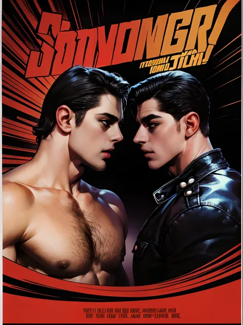 1980s (style) retro movie poster, skinny latin boy, (two hairy gay men with  grins:0.9), huge bold text, poster art, disco theme, strong, bold inking techniques, romantic design, This bold inking style adds to the overall dramatic and visually striking aes...