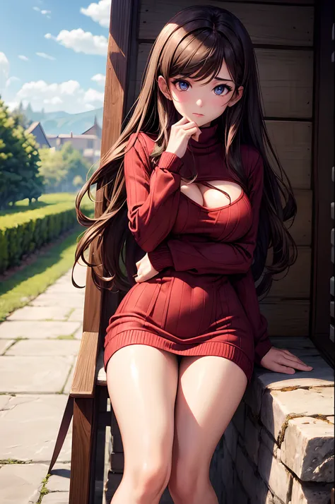 sksbrooke person, sksbrooke, (masterpiece:1.2), (best quality:1.2), perfect eyes, perfect face, 1girl, solo, brown eyes, (medium breasts), perky breasts, seductive look, red sexy virgin killer sweater dress, porch, leaning foreward, hands on knees