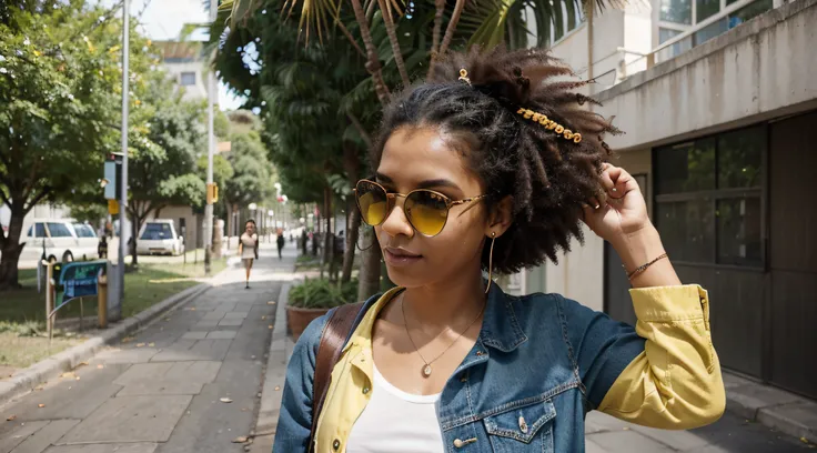 Generate an image of a Brazilian student strolling confidently through a busy university campus. she is tall and slender, com um penteado afro marcante que exala um senso de individualidade. Seus olhos, um tom cativante de castanho claro, Convey determinat...