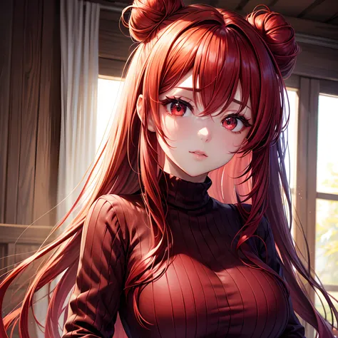 1girll, Close-up view,long hair, Red hair, Hair in two buns, Choppy hair, Bangs and margin, big eyes, red eyes, Thick Eyelashes, Eye Shadow, relaxed, Red sweater, medium  breasts,(highly detailed CG,unity,خلفيات 8K),(an extremely delicate and beautiful),(巨...