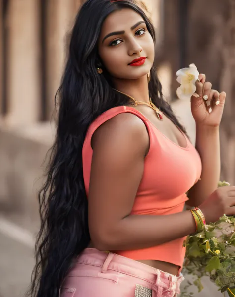 Indian model with Long black hair, Sleeveless red top and pink jeans, big boobs, red lipstick,  ((film grain, skin details, high detailed skin texture, 8k hdr, dslr)), photography taken by sony DSLR, Hd image by Max Dauthendey