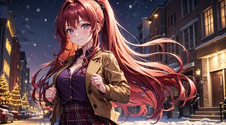 1girl, solo, full body, christmas, ((christmas tree)), street, night, lights, snow, giving gift, long hair, red hair, curly hair, ponytail, large breasts, button down, ((opened brown short jacket)), dark blue eyes, ((purple shirt)), checked shirt, ((unbutt...