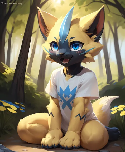 summer, sunlight, day
(forest, park), flower, grass, tree
full_body, zeraora, female, furry, (fluffy | slender body), ((white | ...