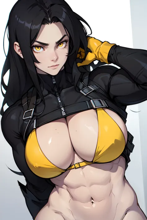 girl muscular huge breasts toned body black hair yellow eyes solo pale skin long hair