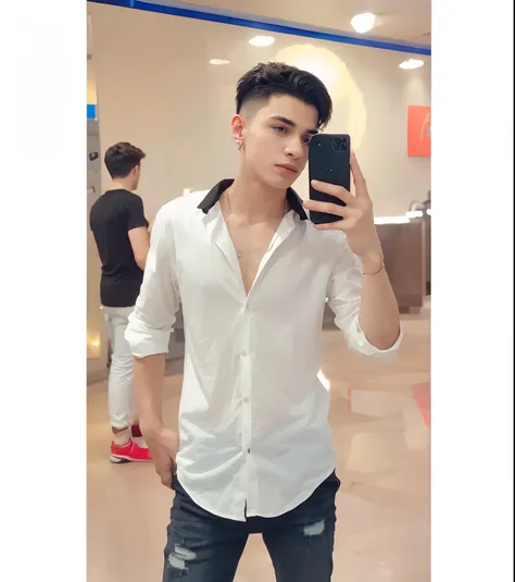 A solo boy, a boy wear a black cotton shirt, stylish jeans, black shirt, cool hair style, realistic look, 8k quality, face real, real boy, normal body, tops on ear, cool background, 5star hotel background, lights in background, realistic background, hd bac...