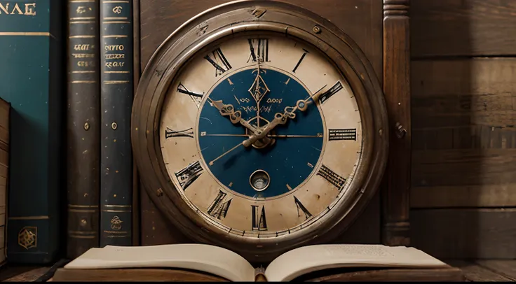 Capa de fundo, An analog clock coming out of a book, Analog clock, livro antigo, elementos azuis e roxos aos fundo, profundidade de imagem, Detailed Clock, livro detalhado, Analog clock comes out of a book.